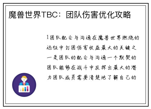 魔兽世界TBC：团队伤害优化攻略