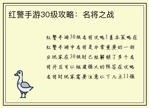 红警手游30级攻略：名将之战